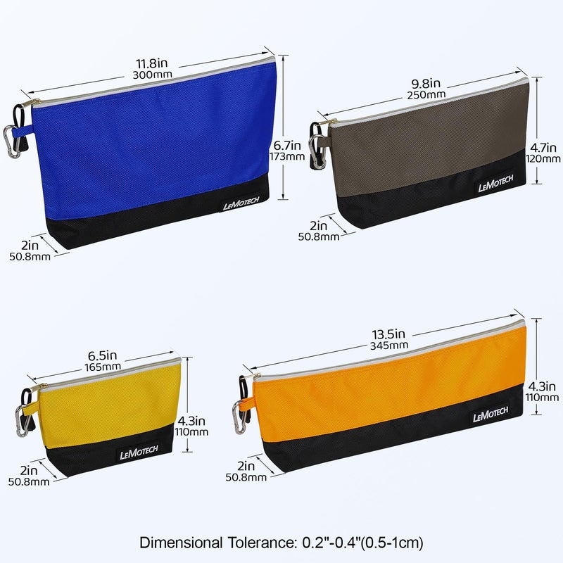 LeMotech Zipper Tool Bag, Stand-Up Tool Pouch with Carabiners,Utility Bag,Water Resistant Storage Bag,Multi-Size Blue/Orange/Grey/Yellow 4 Pack - Image 4